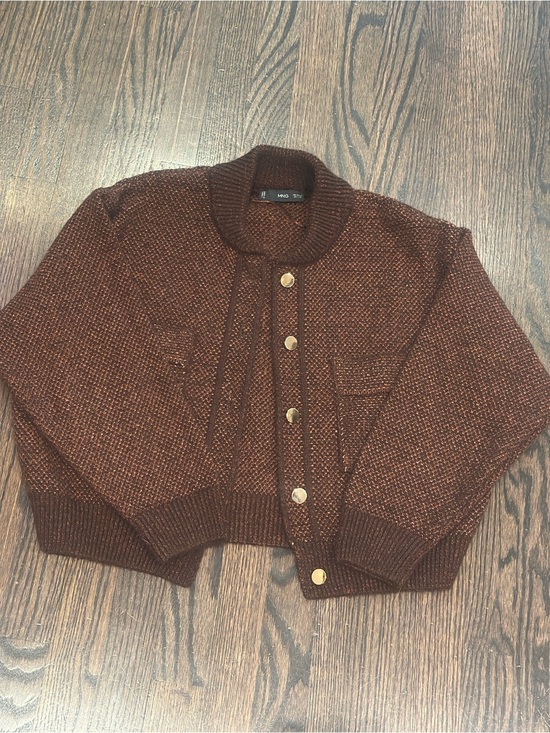Mango Sweaters - Mango Rust-Brown Textured Knit Cardigan with Gold Buttons